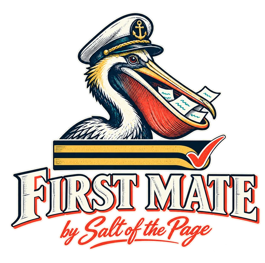 First Mate by Salt of the Page: a pelican in a captain’s hat scooping up loose pages, above gold rank stripes and a red check mark