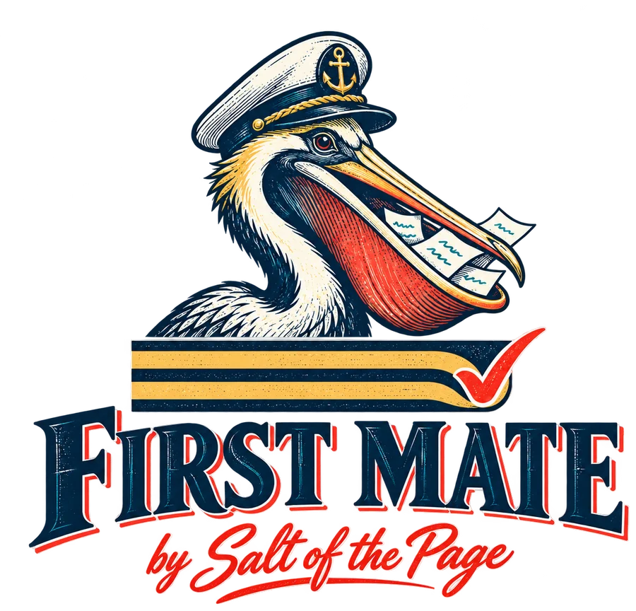 First Mate by Salt of the Page: a pelican in a captain’s hat scooping up loose pages, above gold rank stripes and a red check mark