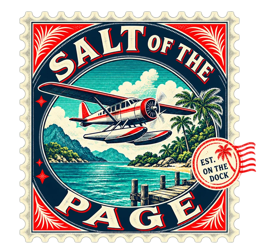 Salt of the Page logo: a vintage postage stamp with a seaplane over a tropical lagoon