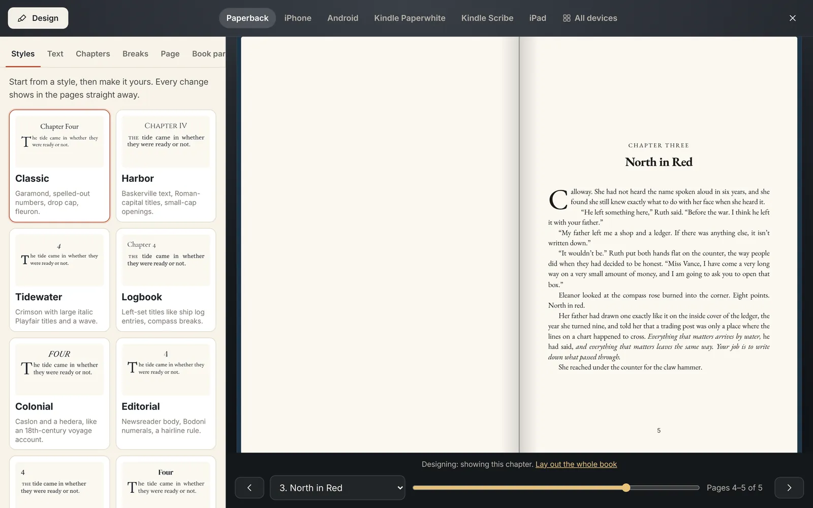 The Book design panel with styles like Classic, Harbor, Tidewater and Logbook beside the live spread