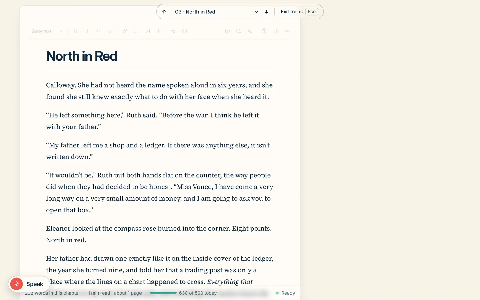 Focus mode: only the manuscript, a chapter picker and an exit button